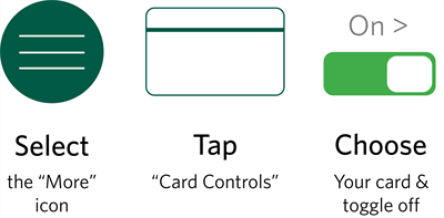 Instructions for turning debit card on and off: Select the green More icon, tap Card Controls, and choose your card to toggle off.